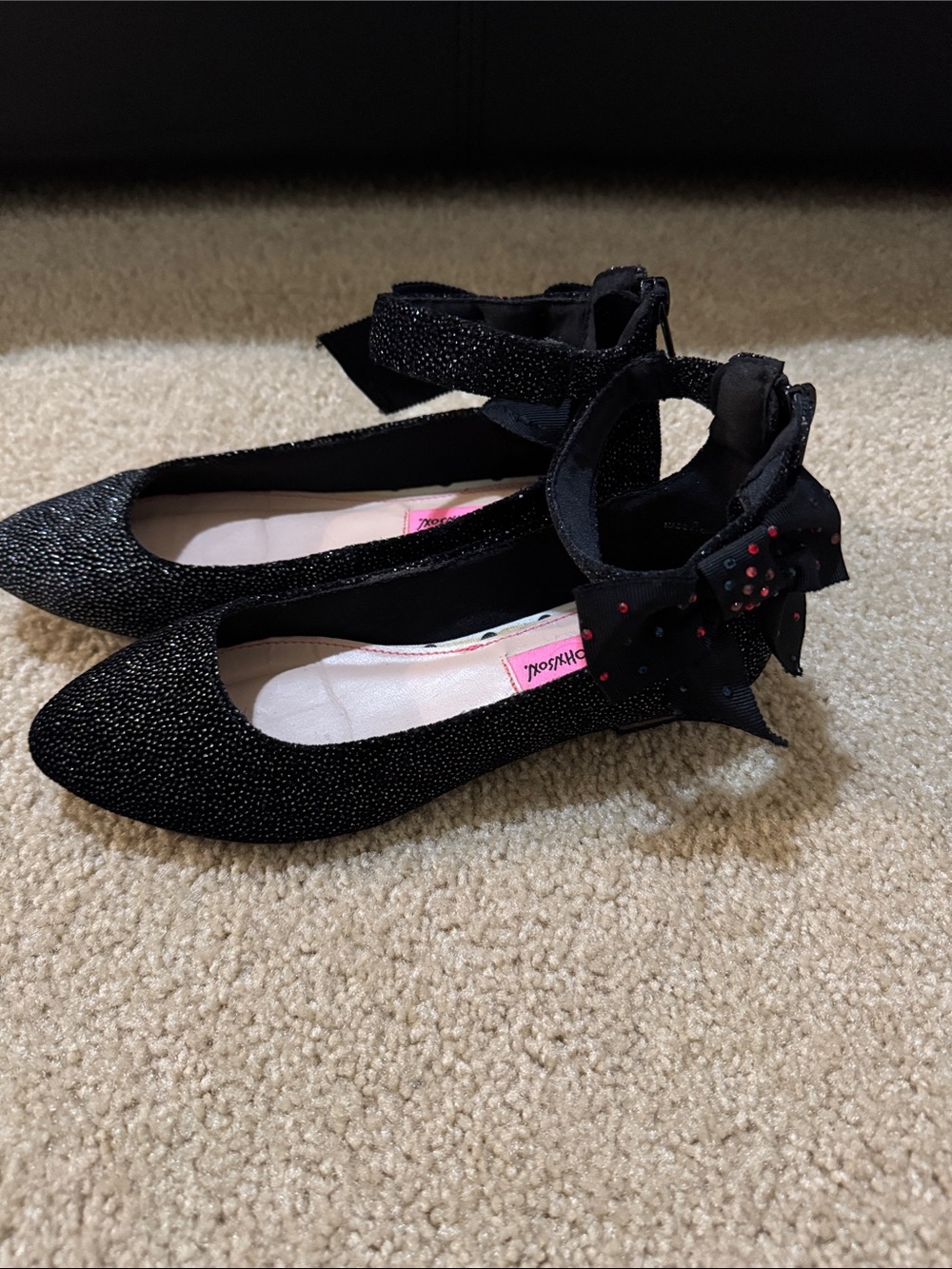 Betsey Johnson Black Glitter Bow Ankle-Strap Dress Flats